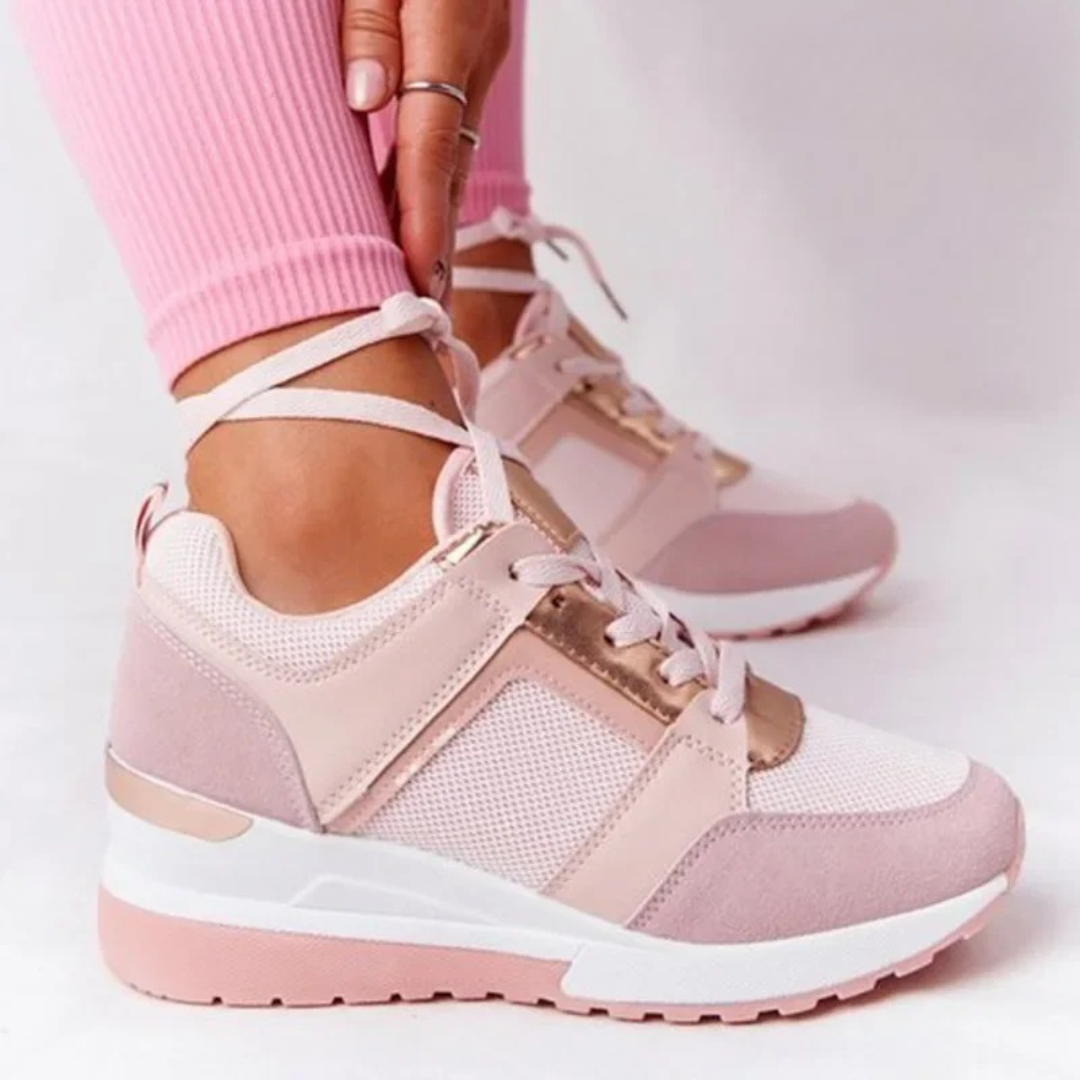 Women's platform trainers with lace-up fronts, perforated panels and metallic trims
