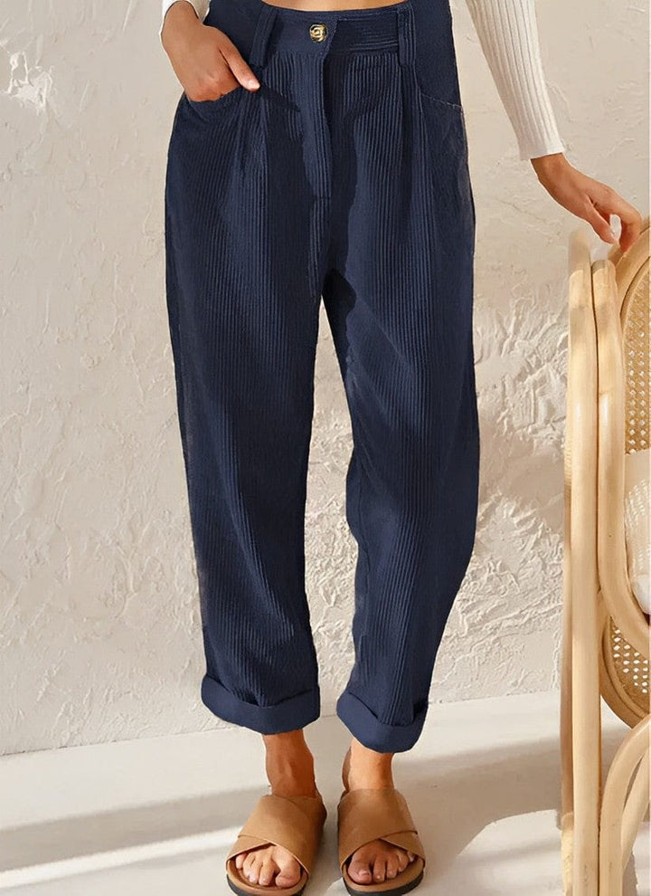 Women's high-waisted corduroy trousers with straight legs and rolled cropped cuffs