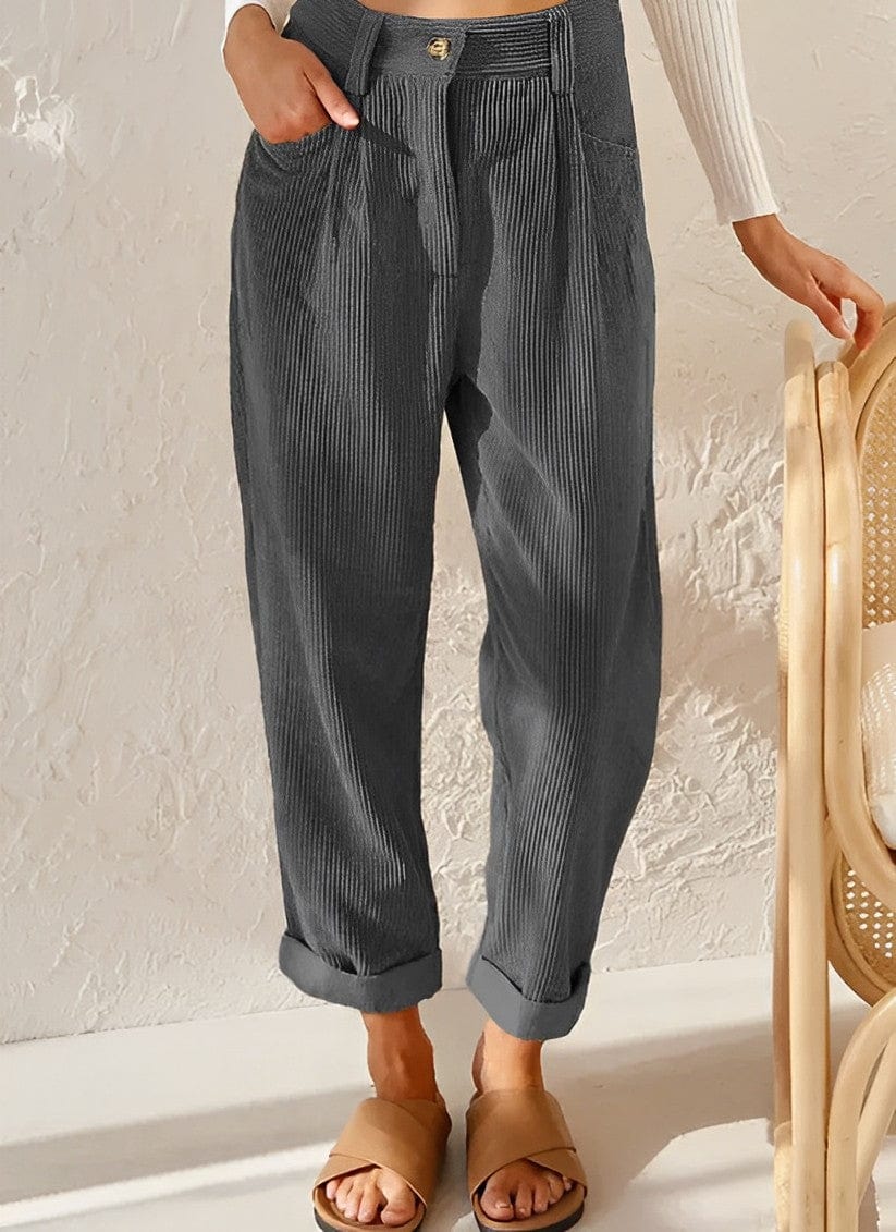 Women's high-waisted corduroy trousers with straight legs and rolled cropped cuffs