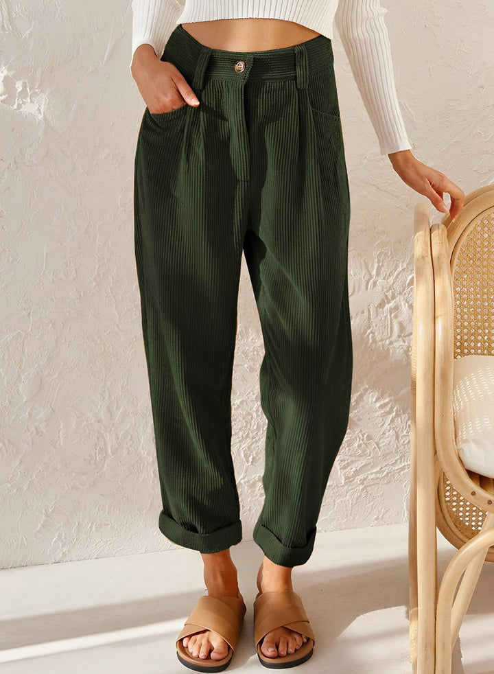 Women's high-waisted corduroy trousers with straight legs and turned-up cuffs