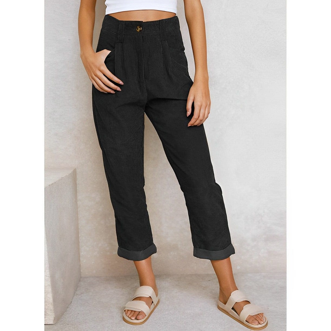Women's high-waisted corduroy trousers with straight legs and rolled cropped cuffs