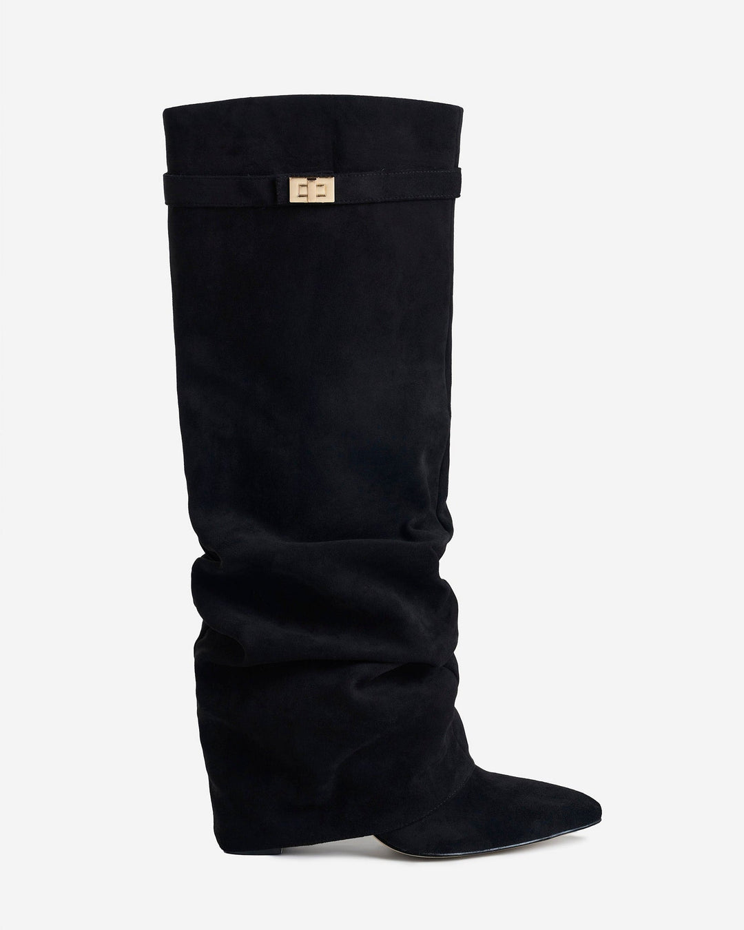 Women's black slouchy knee-high boots with pointed toes and buckle straps