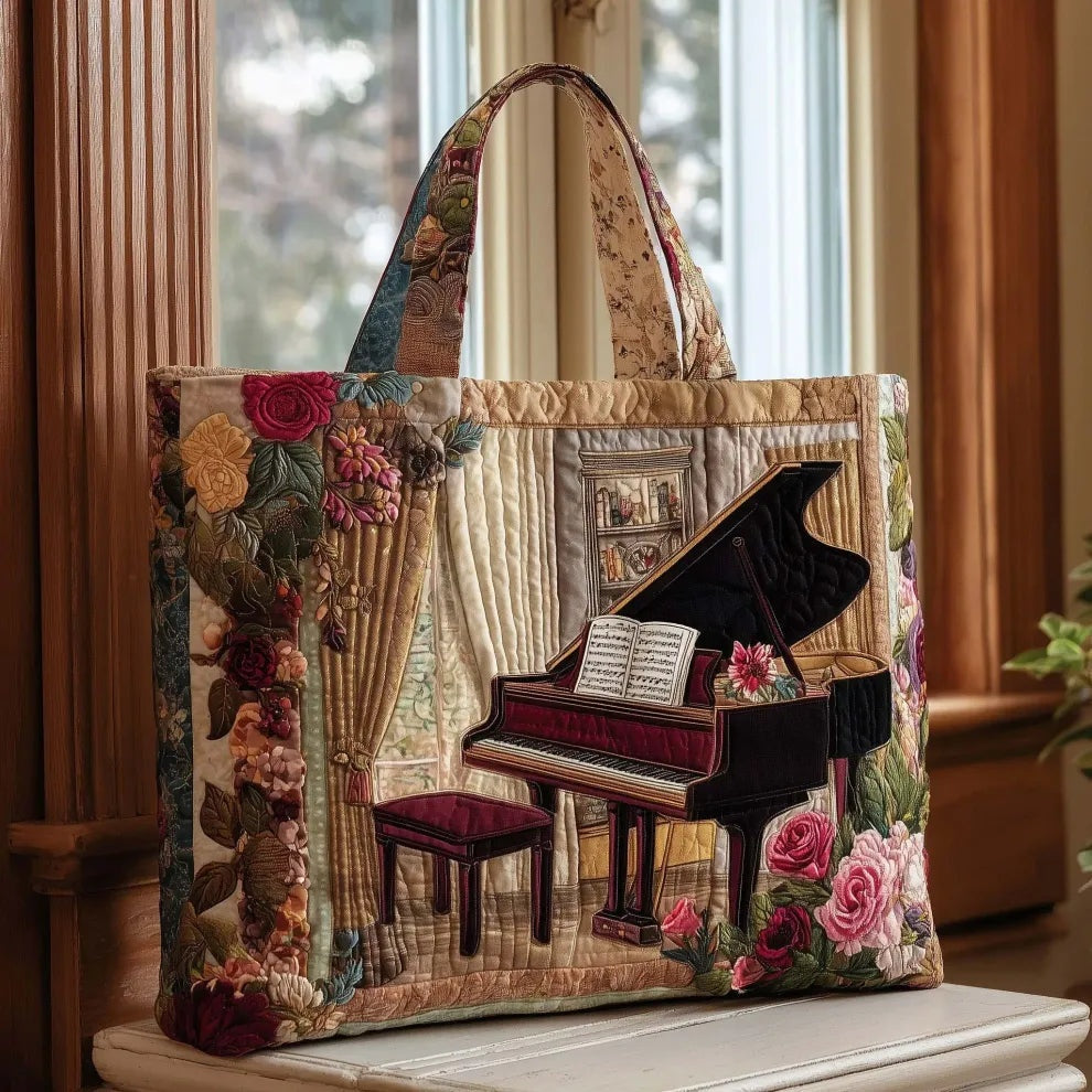 Women's quilted tote bag with illustrated floral and animal designs