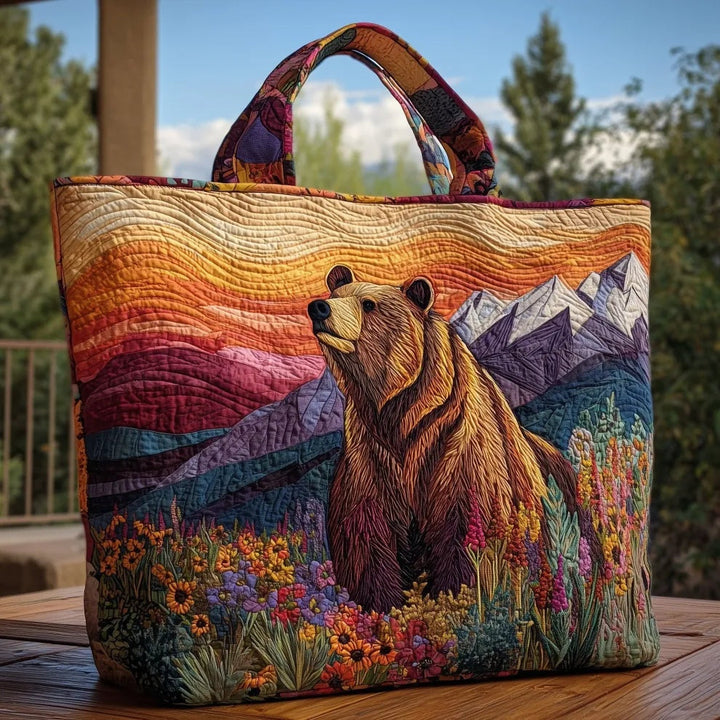 Women's quilted tote bag with illustrated floral and animal designs