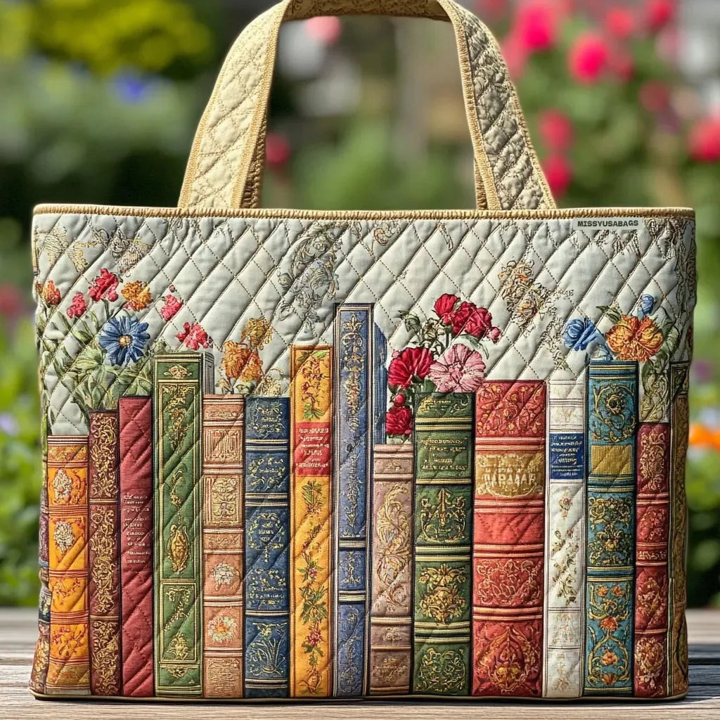 Women's quilted tote bag with illustrated floral and animal designs