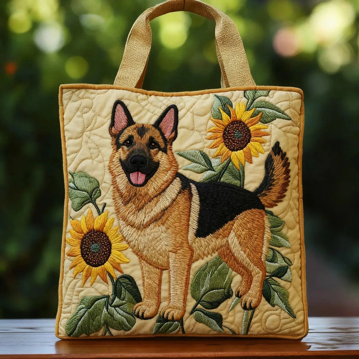 Women's quilted tote bag with illustrated floral and animal designs
