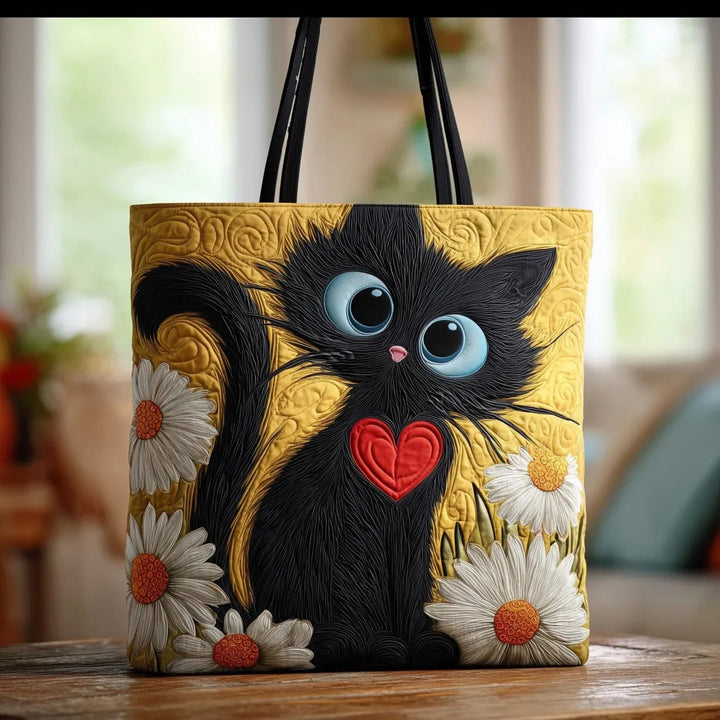 Women's quilted tote bag with illustrated floral and animal designs