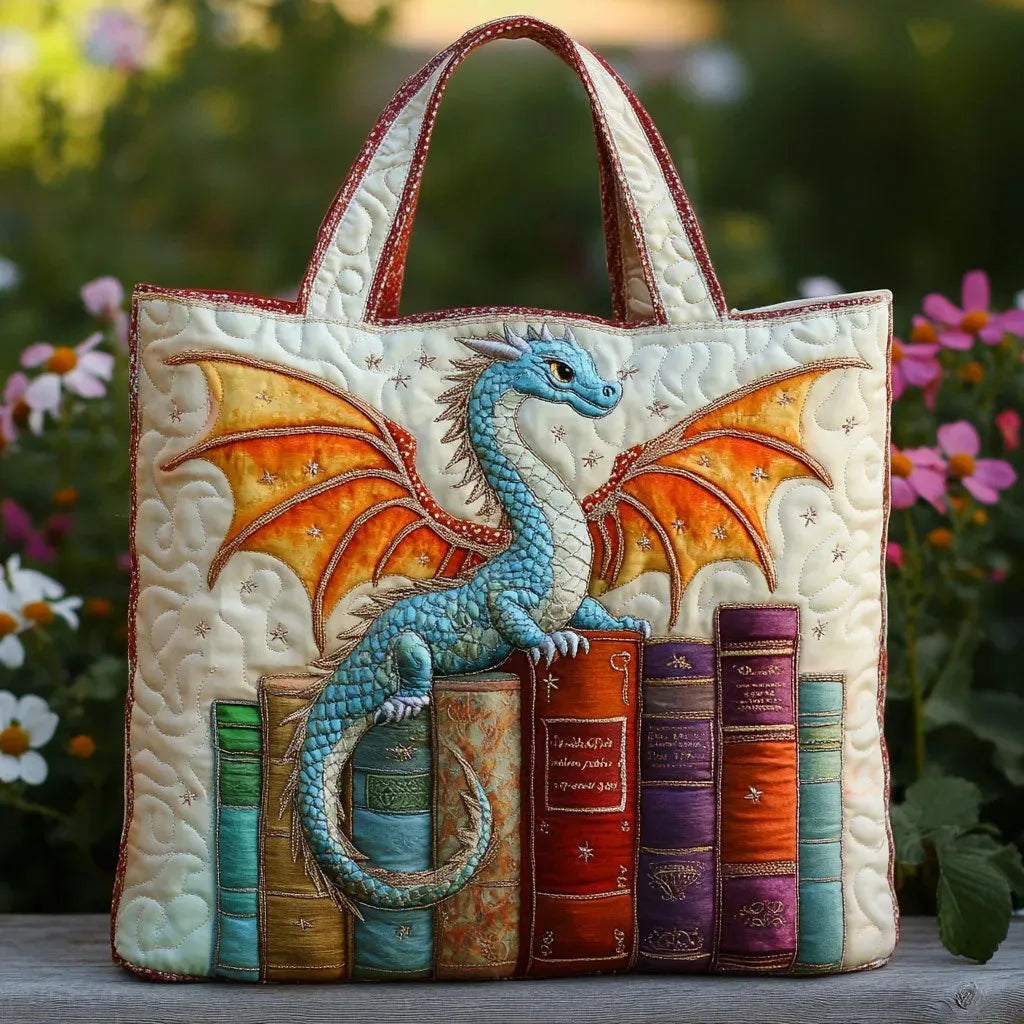 Women's quilted tote bag with illustrated floral and animal designs