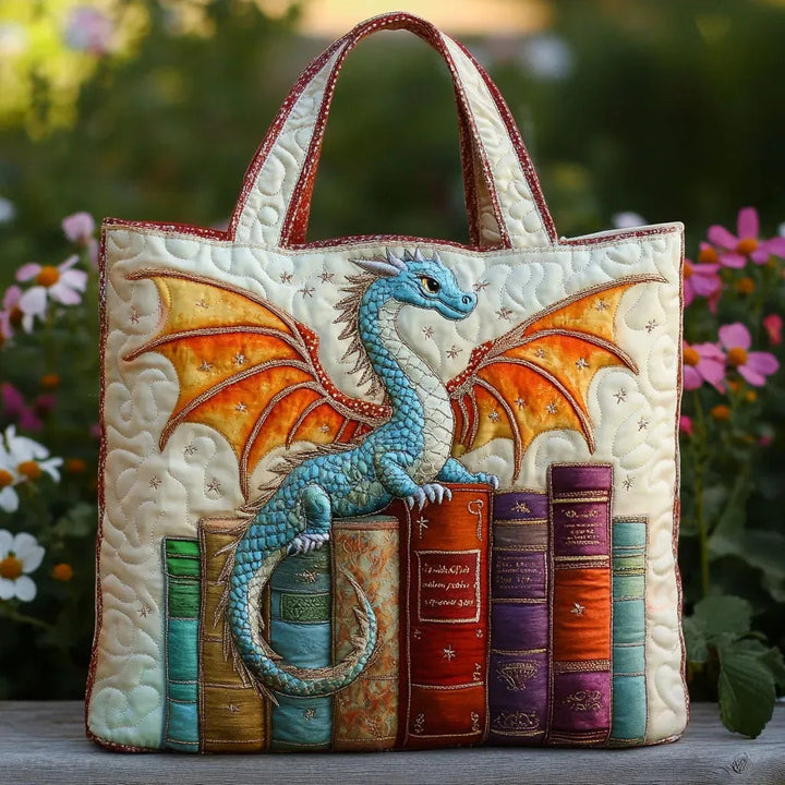 Women's quilted tote bag with illustrated floral and animal designs