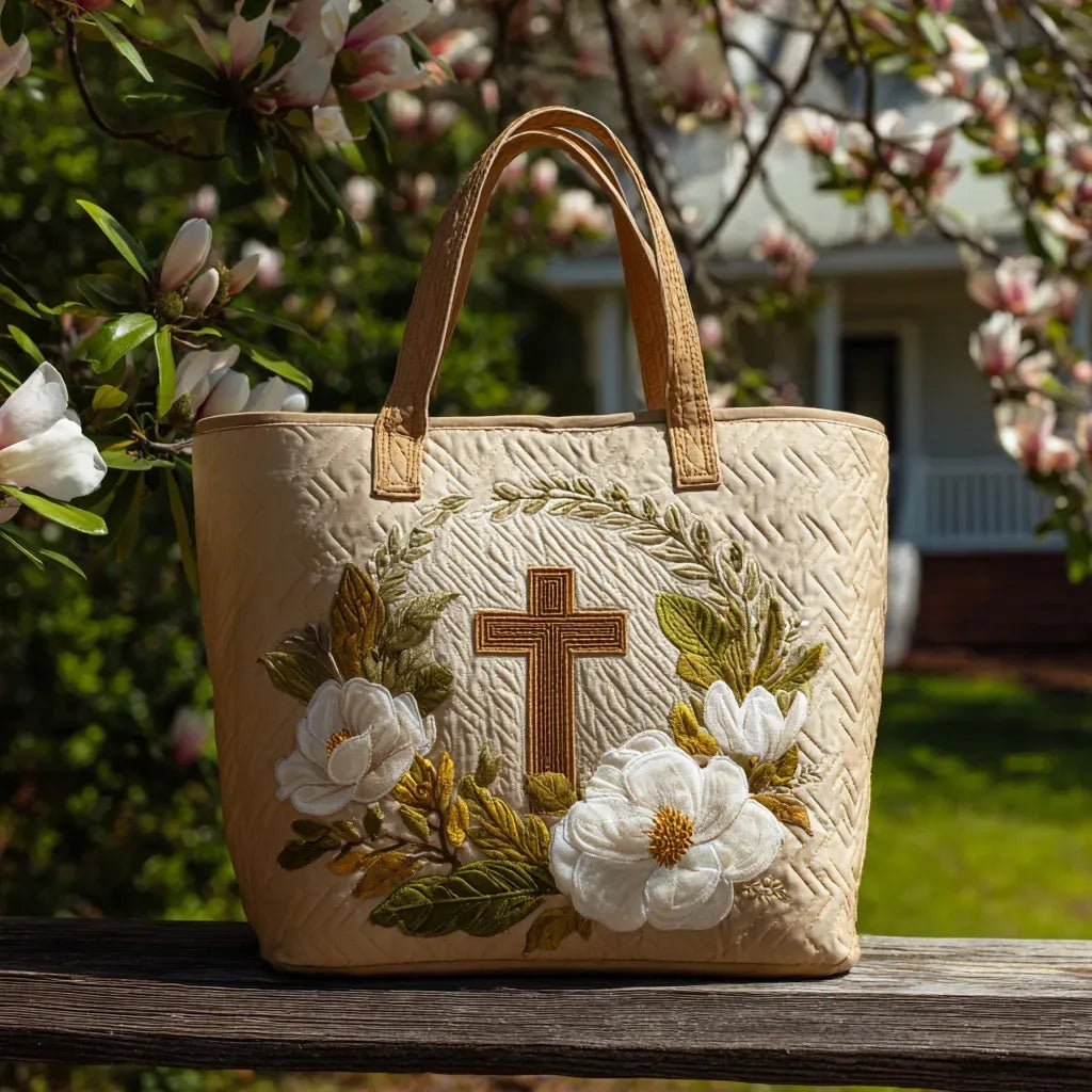 Women's quilted tote bag with illustrated floral and animal designs