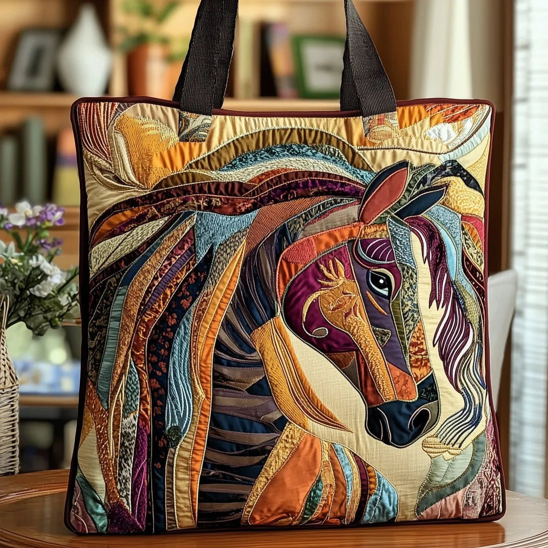 Women's quilted tote bag with illustrated floral and animal designs