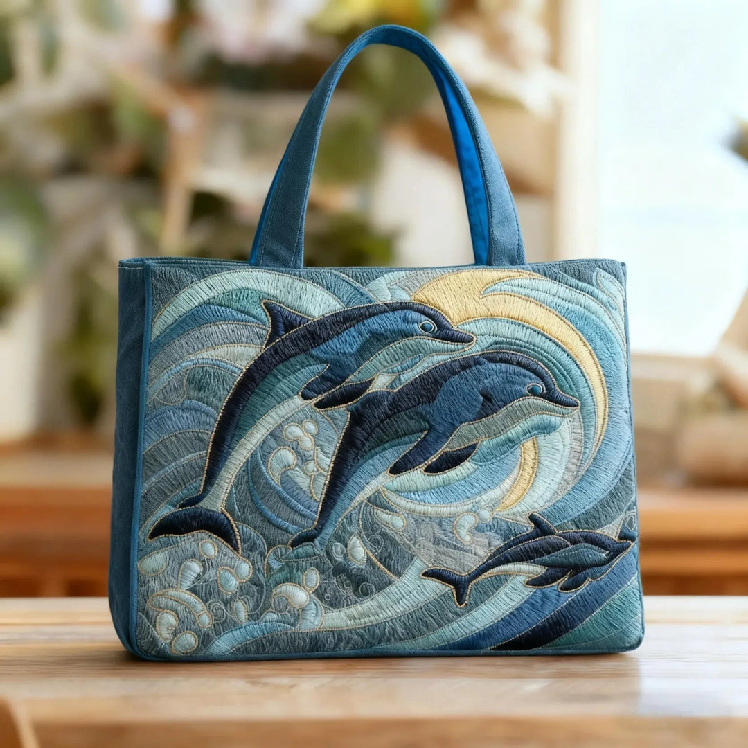 Women's quilted tote bag with illustrated floral and animal designs
