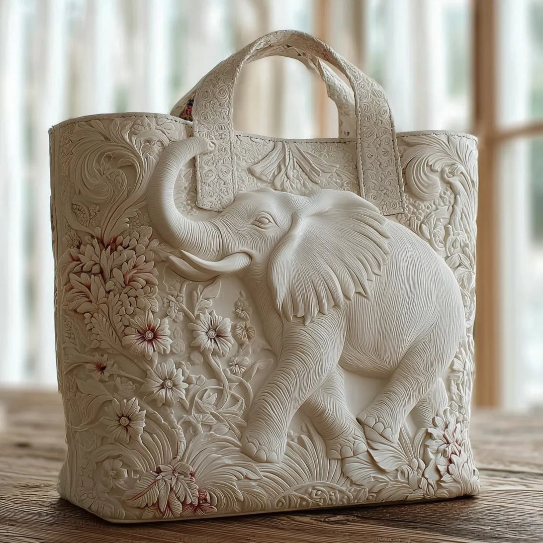 Women's quilted tote bag with illustrated floral and animal designs