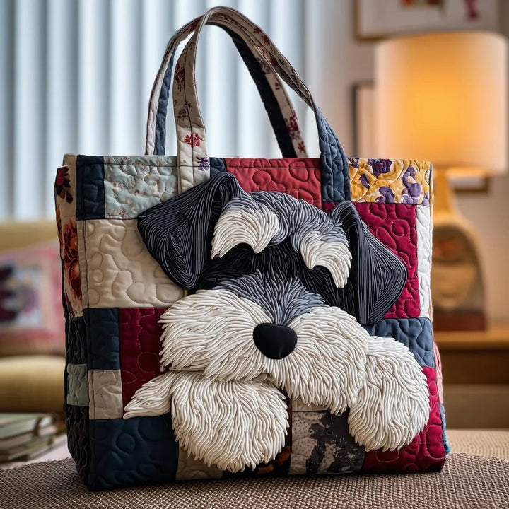Women's quilted tote bag with illustrated floral and animal designs