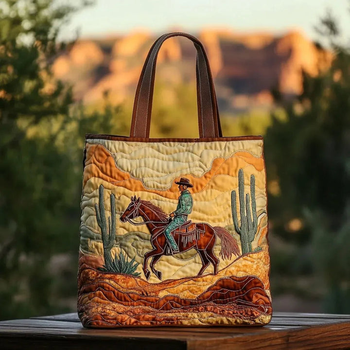 Women's quilted tote bag with illustrated floral and animal designs