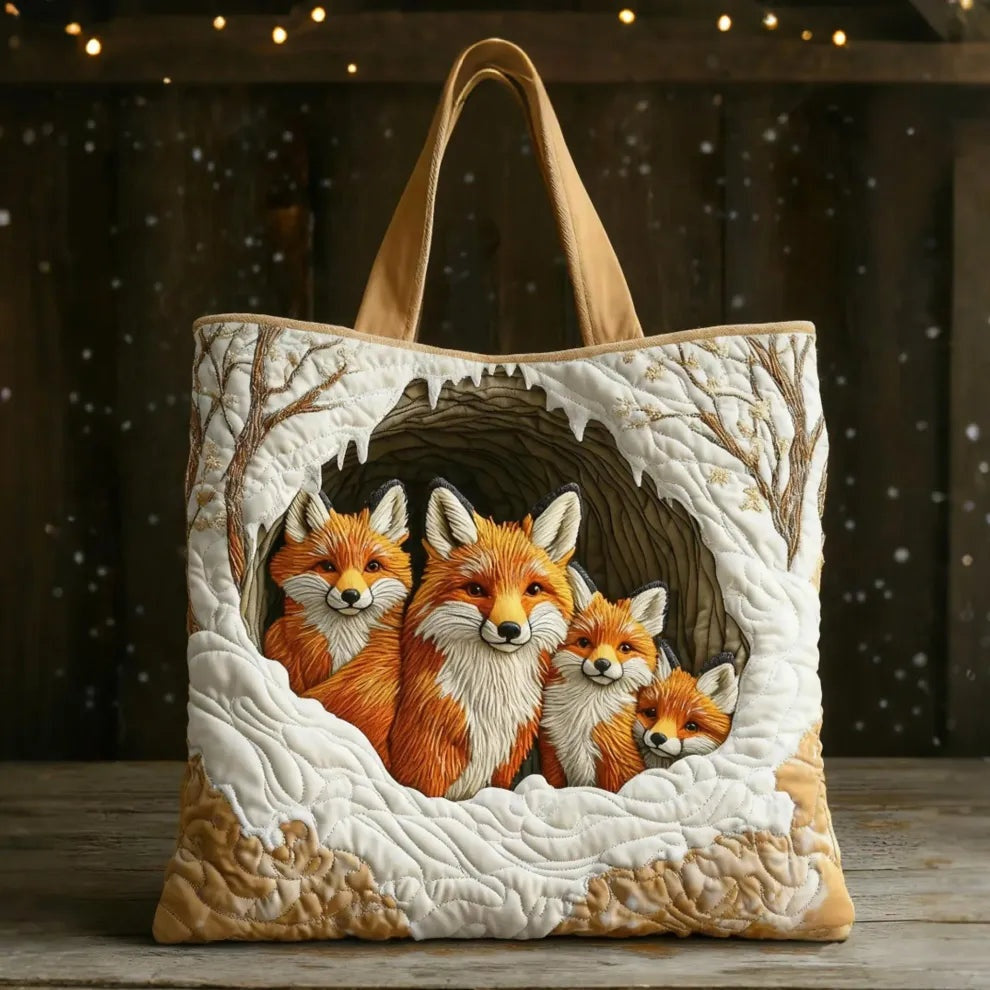Women's quilted tote bag with illustrated floral and animal designs