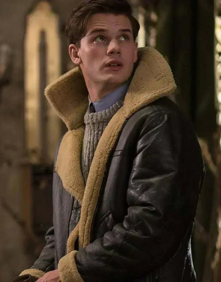 Men's dark brown aviator jacket with cream shearling-style collar and trim
