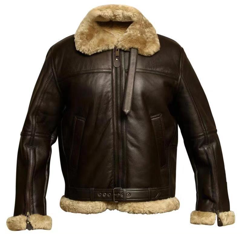Men's dark brown aviator jacket with cream shearling-style collar and trim