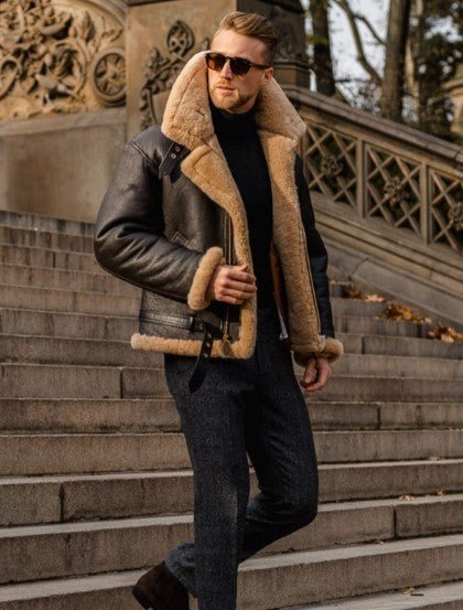 Men's dark brown aviator jacket with cream shearling-style collar and trim