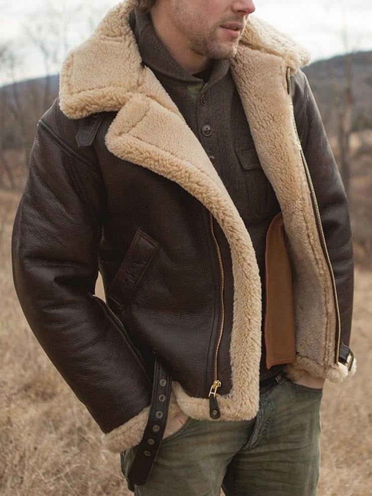 Men's dark brown aviator jacket with cream shearling-style collar and trim