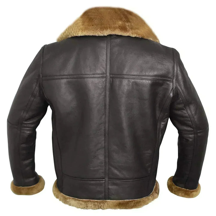 Men's dark brown aviator jacket with cream shearling-style collar and trim