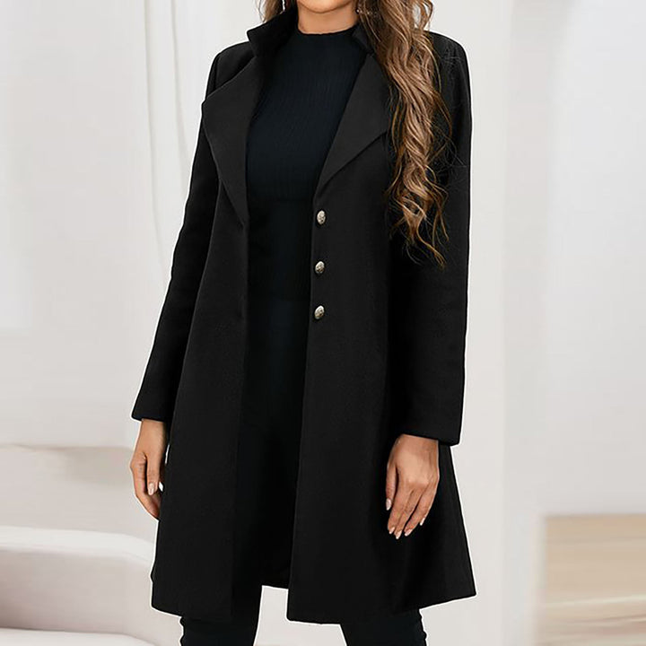 Women's long blazer coat with notched lapels and buttons