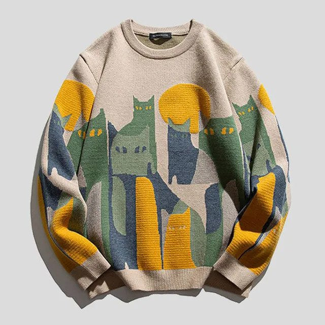Unisex crew neck sweatshirt with colourful cat pattern and long sleeves