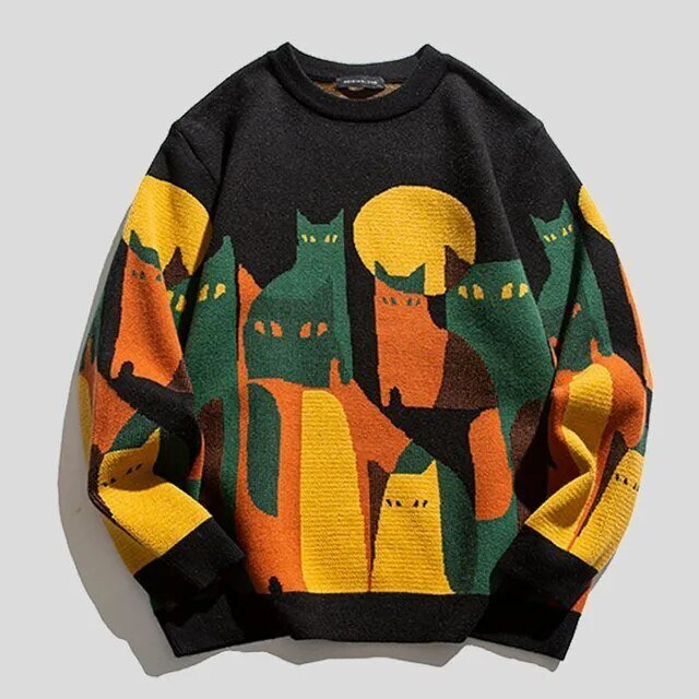 Unisex crew neck sweatshirt with colourful cat pattern and long sleeves