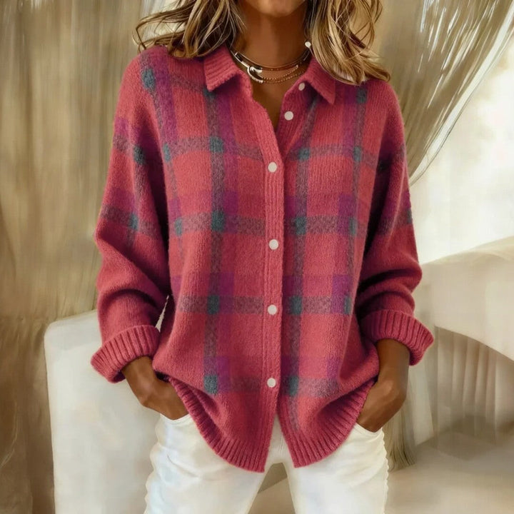 Women's checked collared knit sweater with button front
