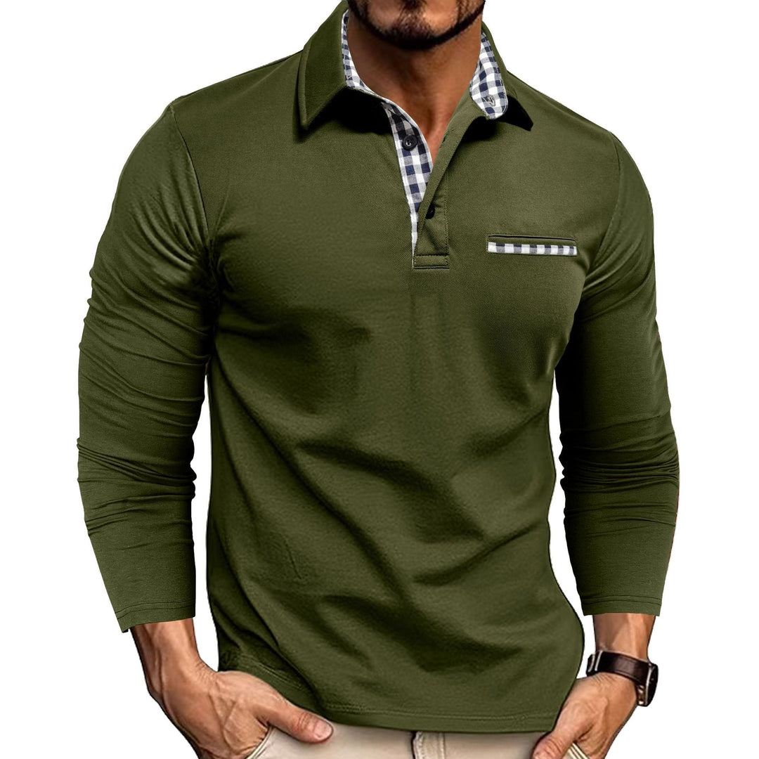 Men's long sleeve polo shirt with checked collar and chest pocket trim