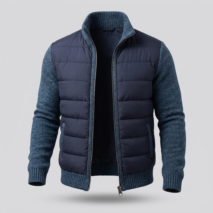 Men's puffer jacket with quilted body, textured sleeves and front zip