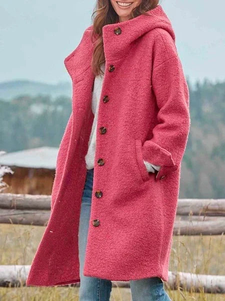 Women's long hooded coat with button front and side pockets