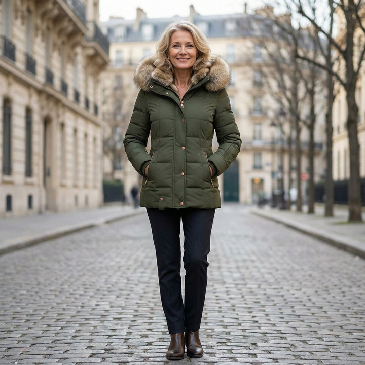 Women's quilted hooded parka jacket with textured trim