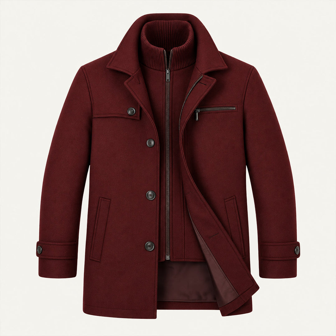 Men's structured winter coat with lapel collar, button front and adjustable cuffs