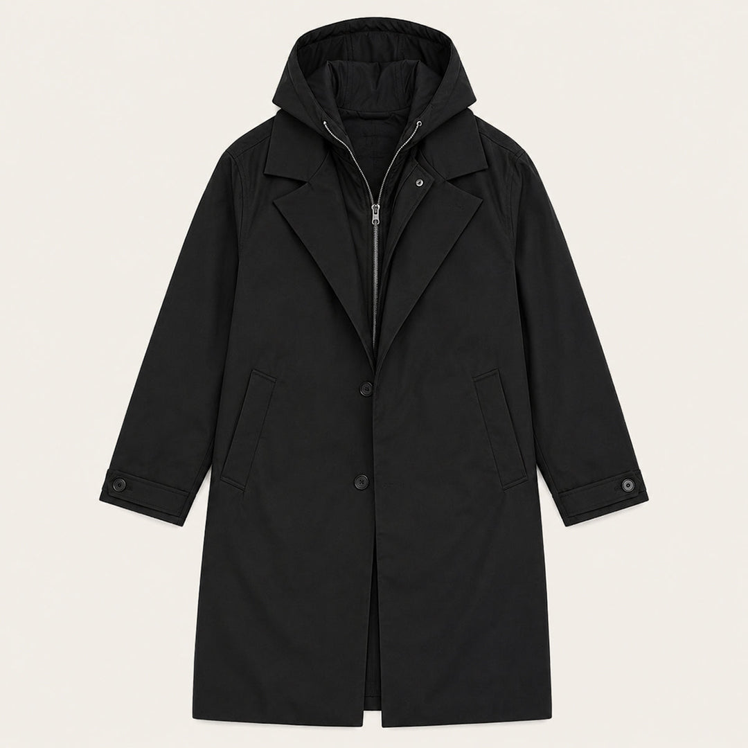 Men's long hooded parka coat with button front and side pockets