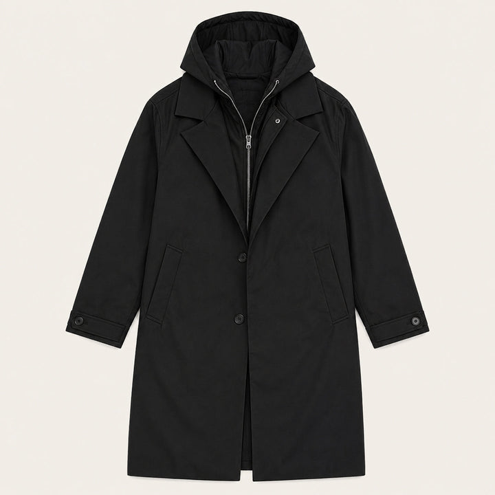 Men's long hooded parka coat with button front and side pockets