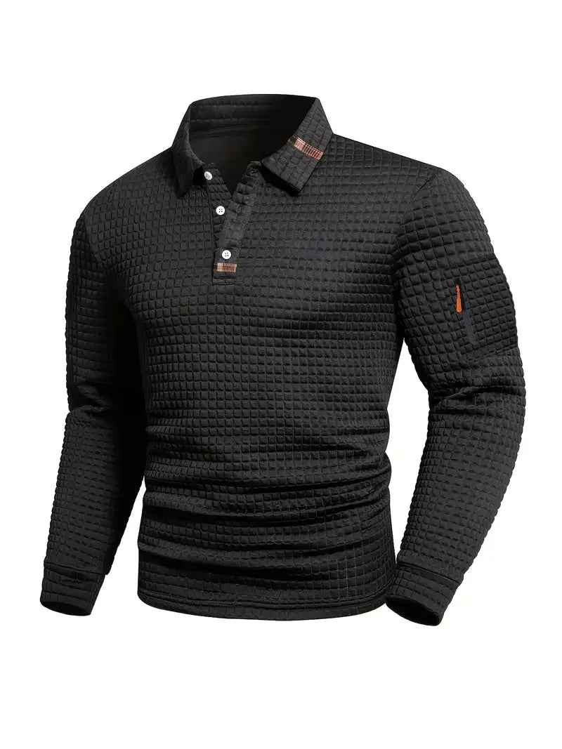 Men's long-sleeve quilted polo jumper with button placket and sleeve zip pocket