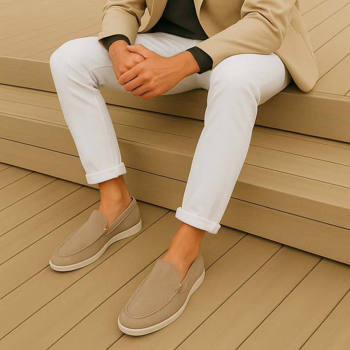 Women's plain suede loafers with almond toes and flat contrasting soles