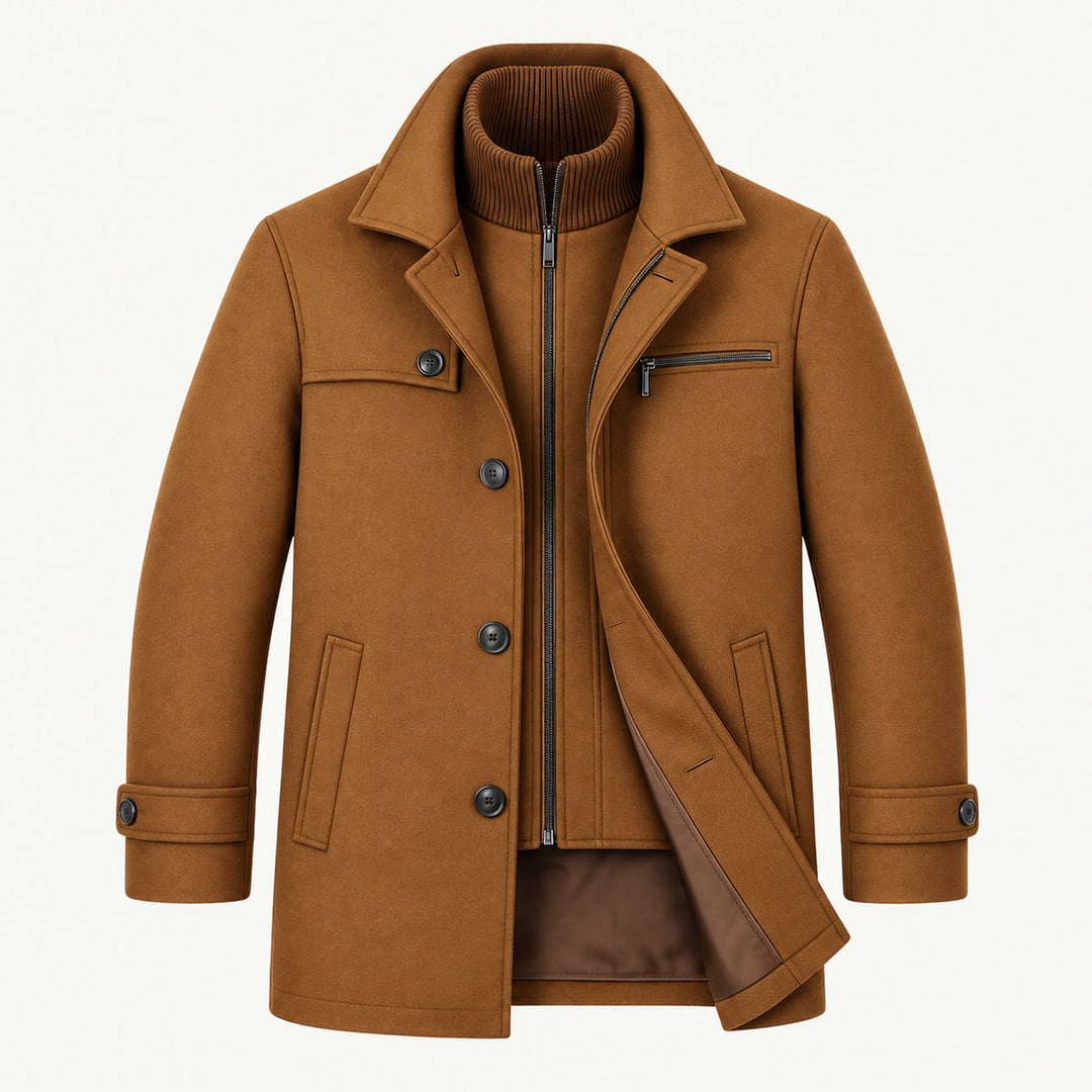 Men's structured winter coat with lapel collar, button front and adjustable cuffs