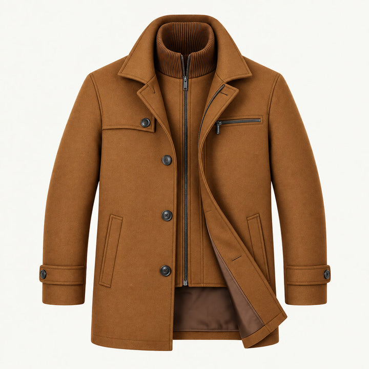 Men's structured winter coat with lapel collar, button front and adjustable cuffs