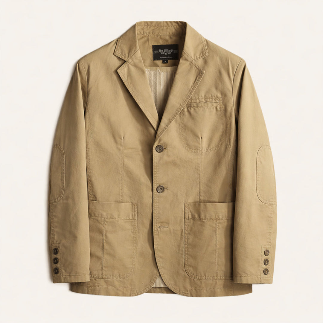 Men's blazer with notched lapels, long sleeves, button fastening and patch pockets