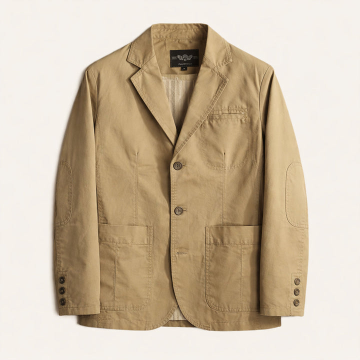 Men's blazer with notched lapels, long sleeves, button fastening and patch pockets