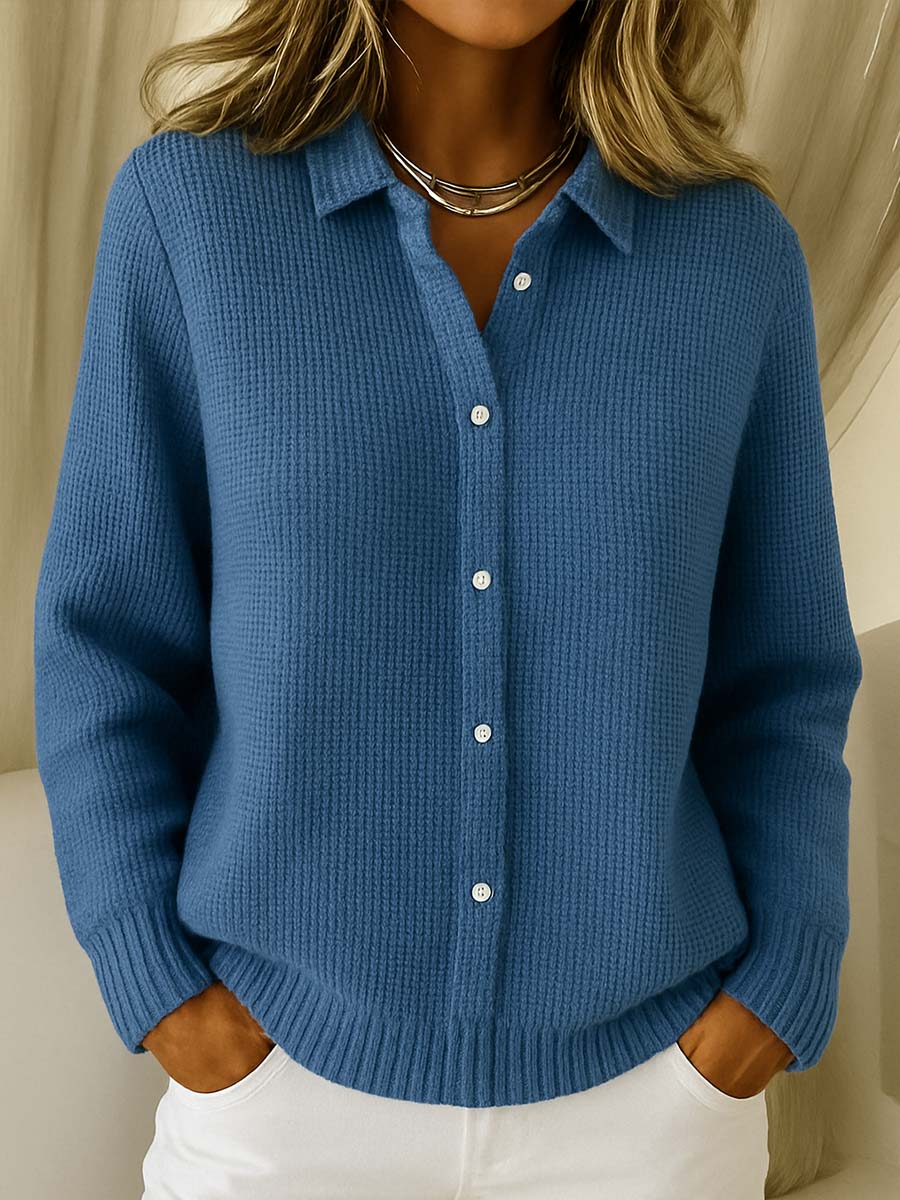Women's ribbed cardigan with shirt collar, long sleeves and button front