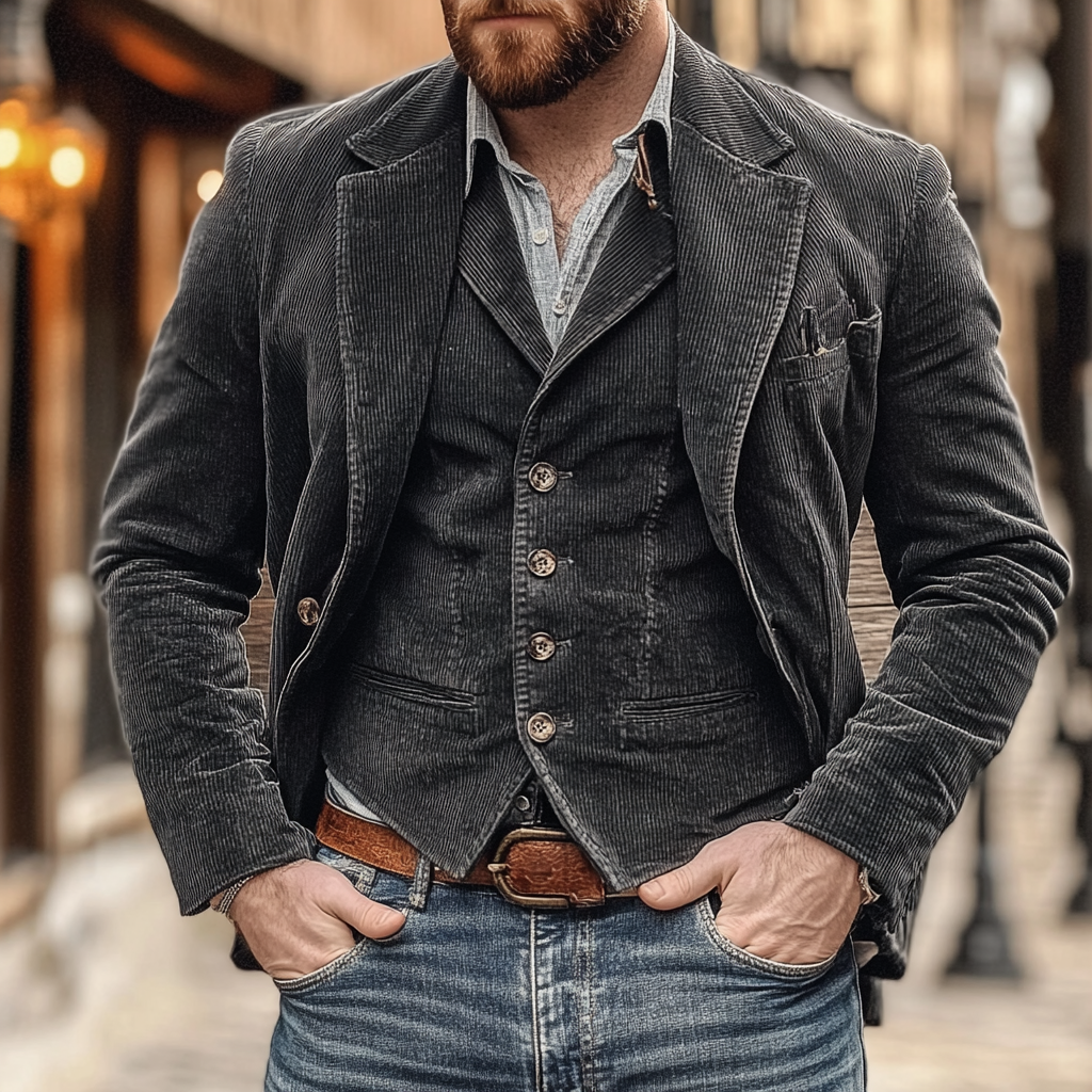 Men's textured blazer layered over a buttoned waistcoat with notched lapels