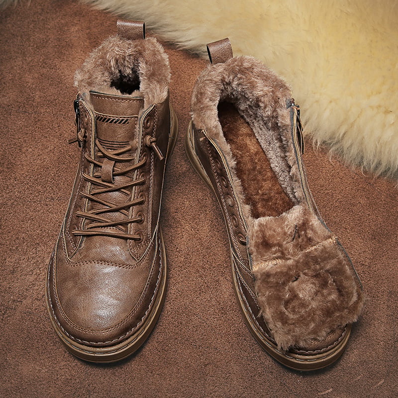 Men's lace-up ankle boots with side zipper and fur-textured lining