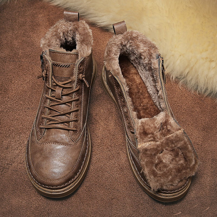 Men's lace-up ankle boots with side zipper and fur-textured lining
