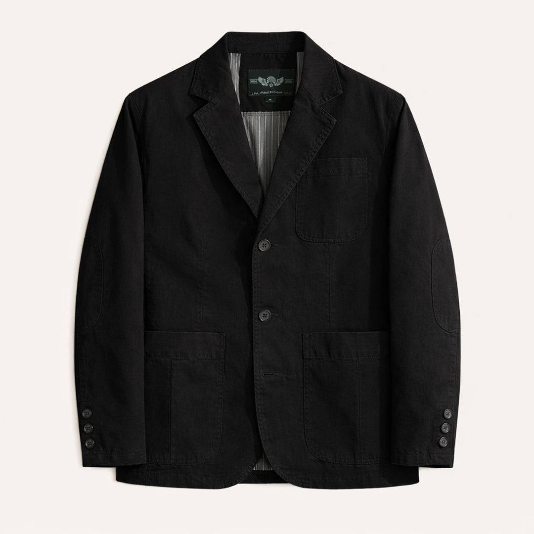 Men's blazer with notched lapels, long sleeves, button fastening and patch pockets