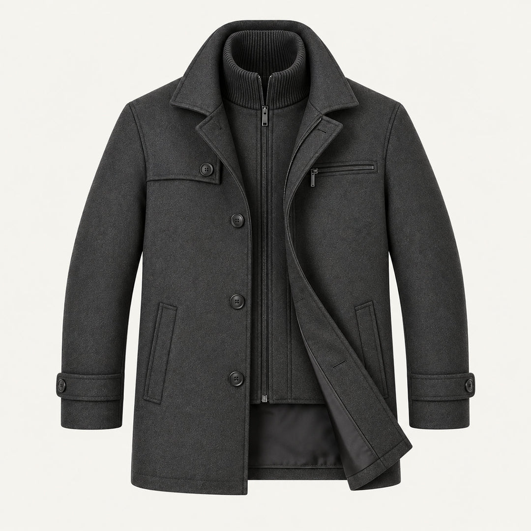 Men's structured winter coat with lapel collar, button front and adjustable cuffs