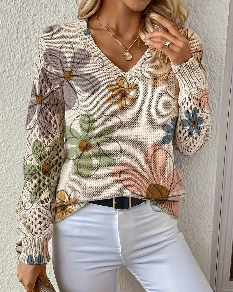Women's multicoloured floral openwork knit sweater with V-neck and long sleeves