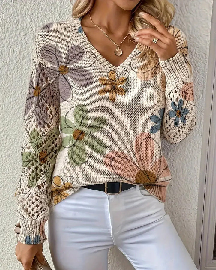Women's multicoloured floral openwork knit sweater with V-neck and long sleeves